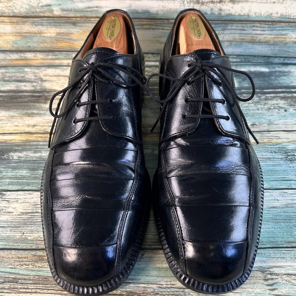 Adolfo Derby Dress Shoe Mens 9.5M Shiny Black Leather Pleated Apron Toe Handmade